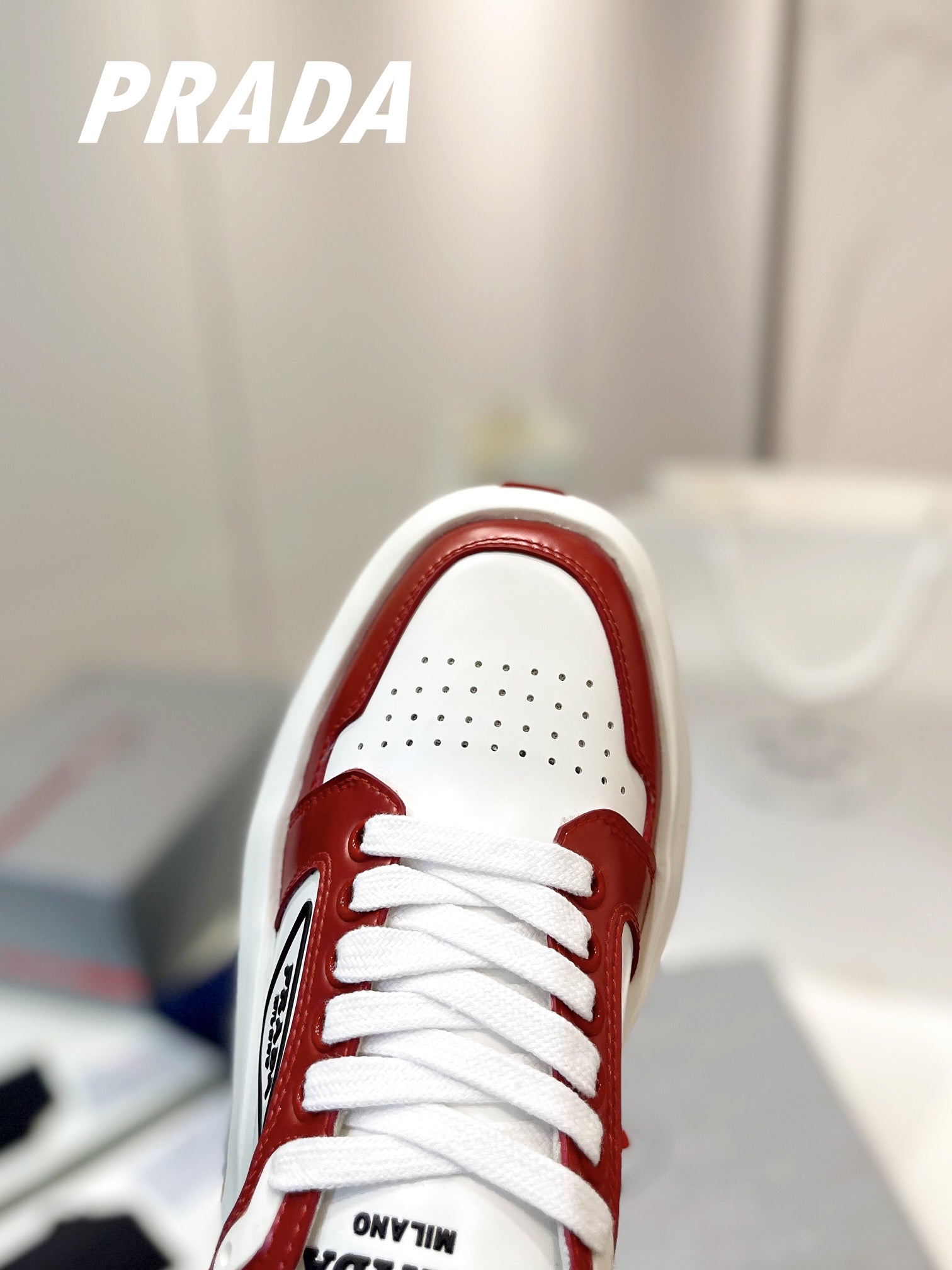 PRADA DOWNTOWN THICK-SOLE SNEAKERS WHITE AND CHERRY CALFSKIN