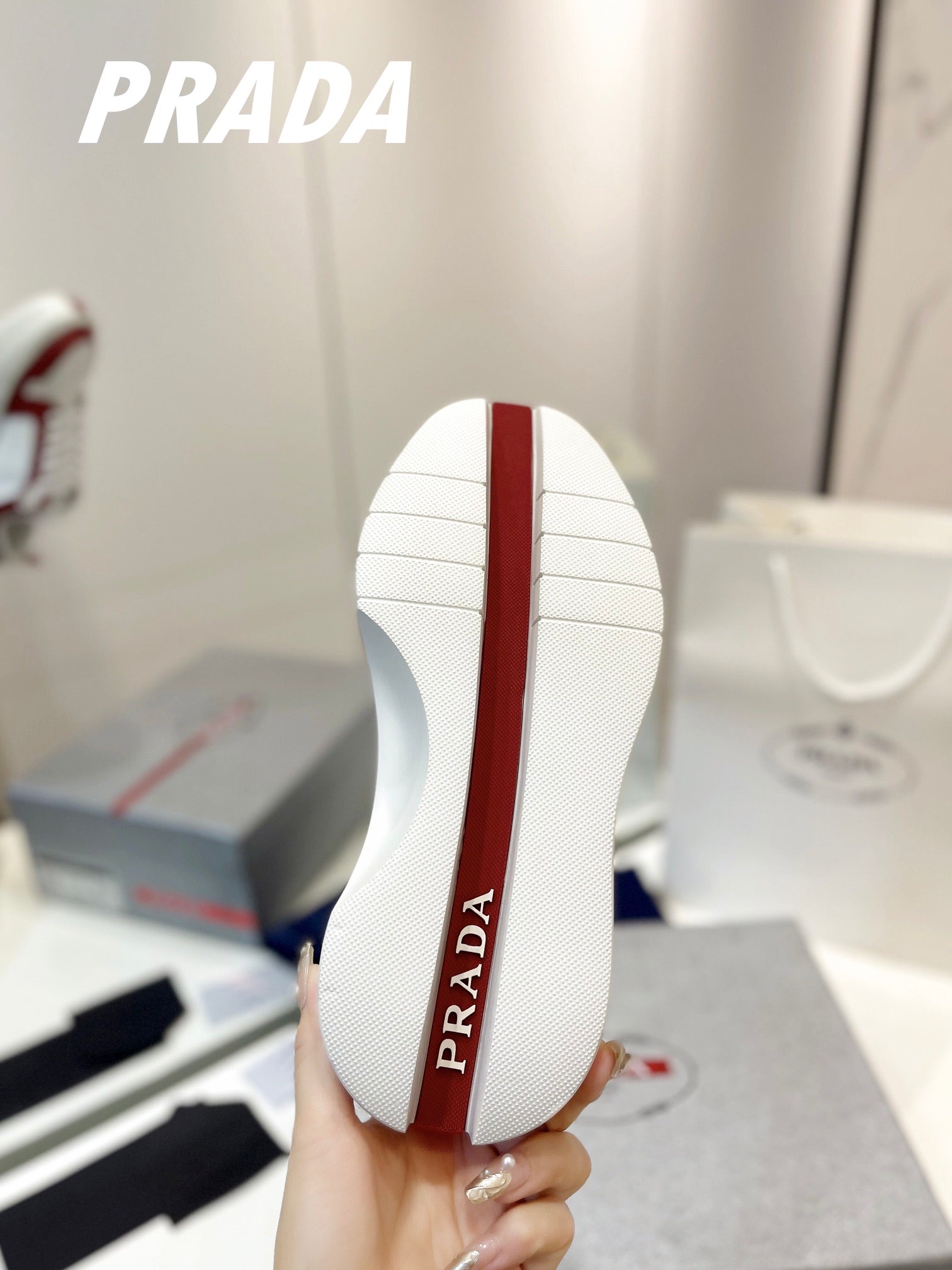 PRADA DOWNTOWN THICK-SOLE SNEAKERS WHITE AND CHERRY CALFSKIN