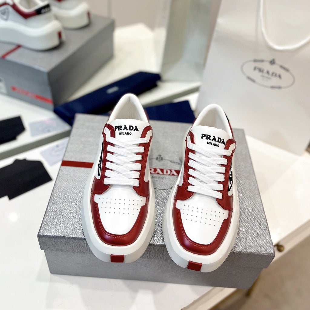 PRADA DOWNTOWN THICK-SOLE SNEAKERS WHITE AND CHERRY CALFSKIN