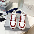 PRADA DOWNTOWN THICK-SOLE SNEAKERS WHITE AND CHERRY CALFSKIN