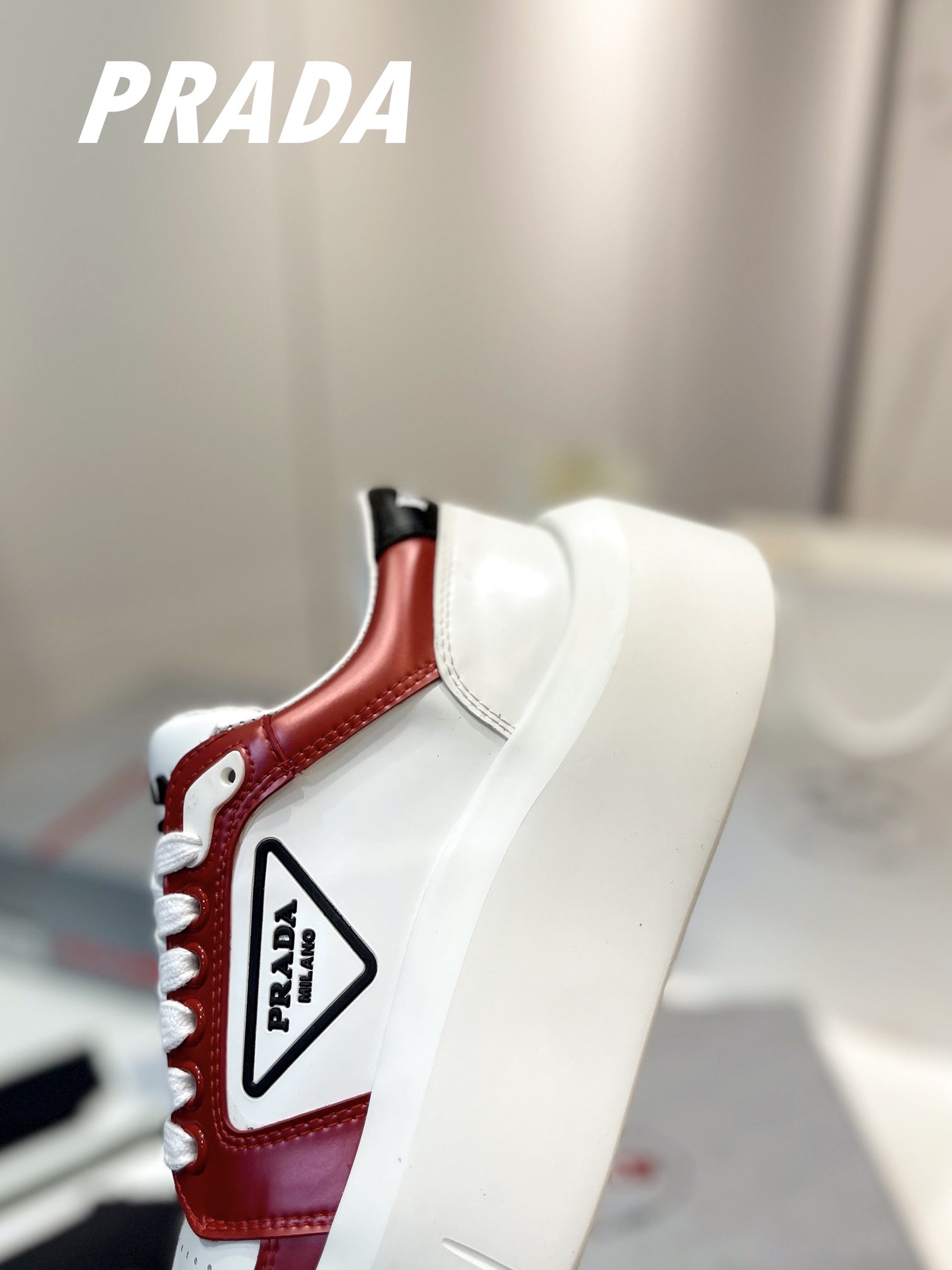 PRADA DOWNTOWN THICK-SOLE SNEAKERS WHITE AND CHERRY CALFSKIN