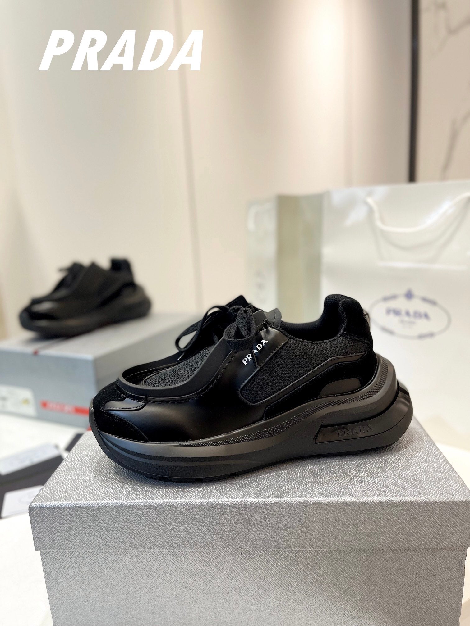PRADA SYSTEME BRUSHED SNEAKERS BLACK CALFSKIN