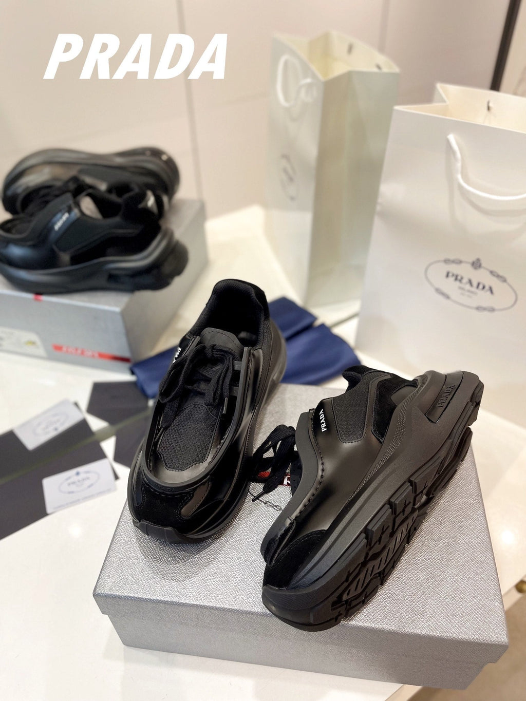 PRADA SYSTEME BRUSHED SNEAKERS BLACK CALFSKIN