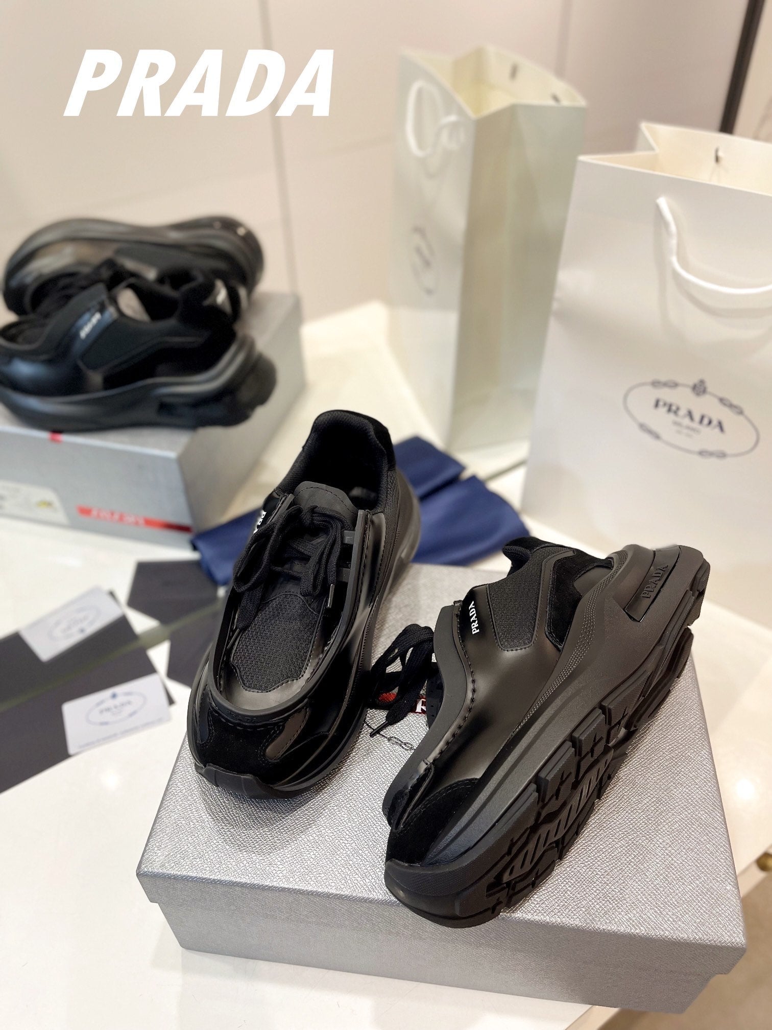 PRADA SYSTEME BRUSHED SNEAKERS BLACK CALFSKIN