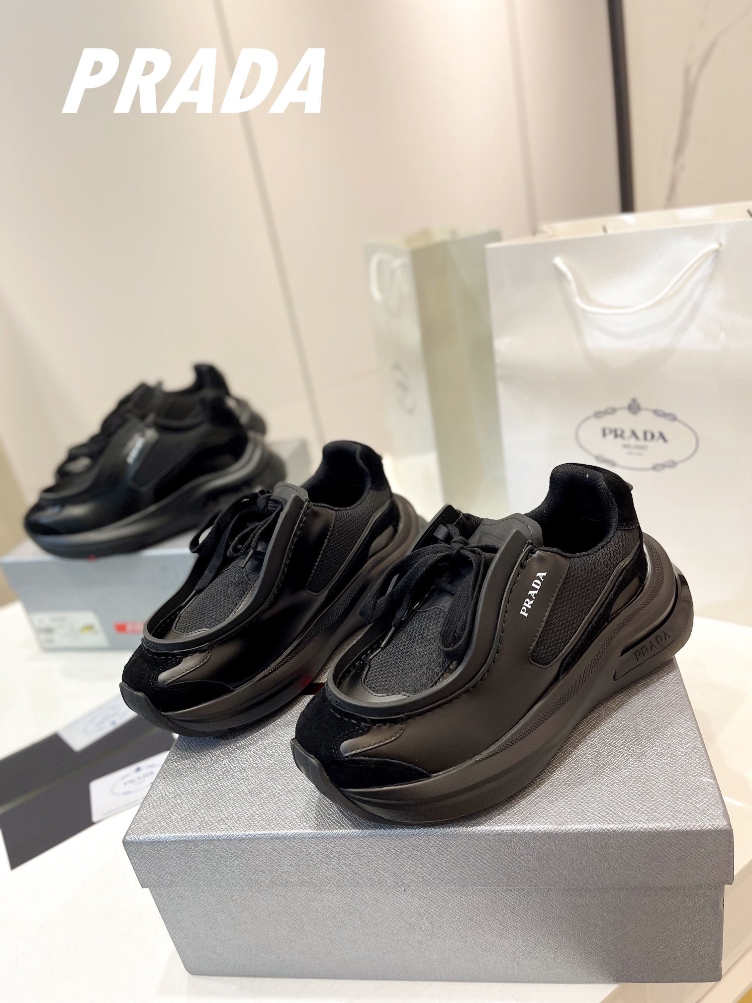PRADA SYSTEME BRUSHED SNEAKERS BLACK CALFSKIN