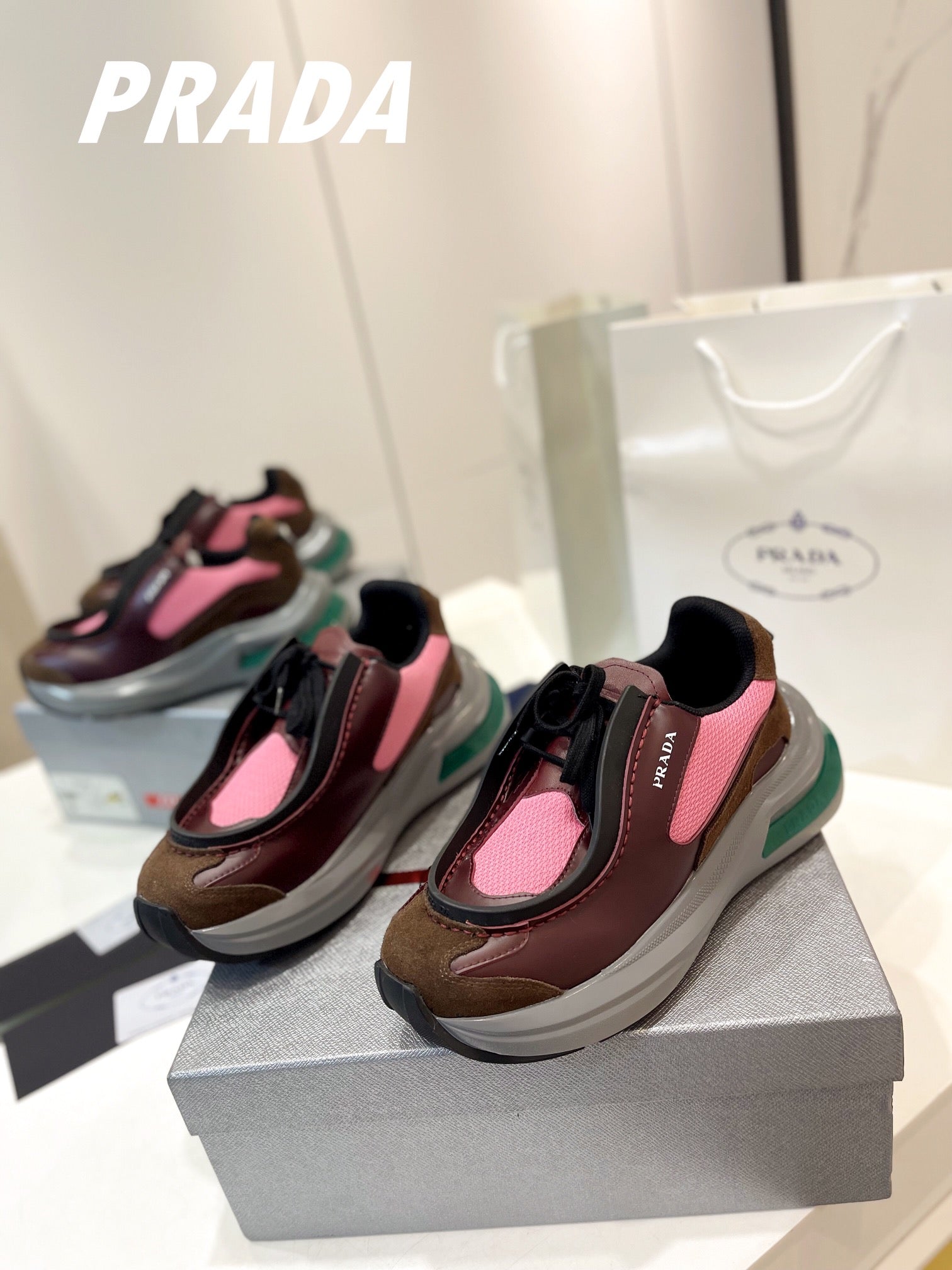 PRADA SYSTEME BRUSHED SNEAKERS WINE AND PINK CALFSKIN