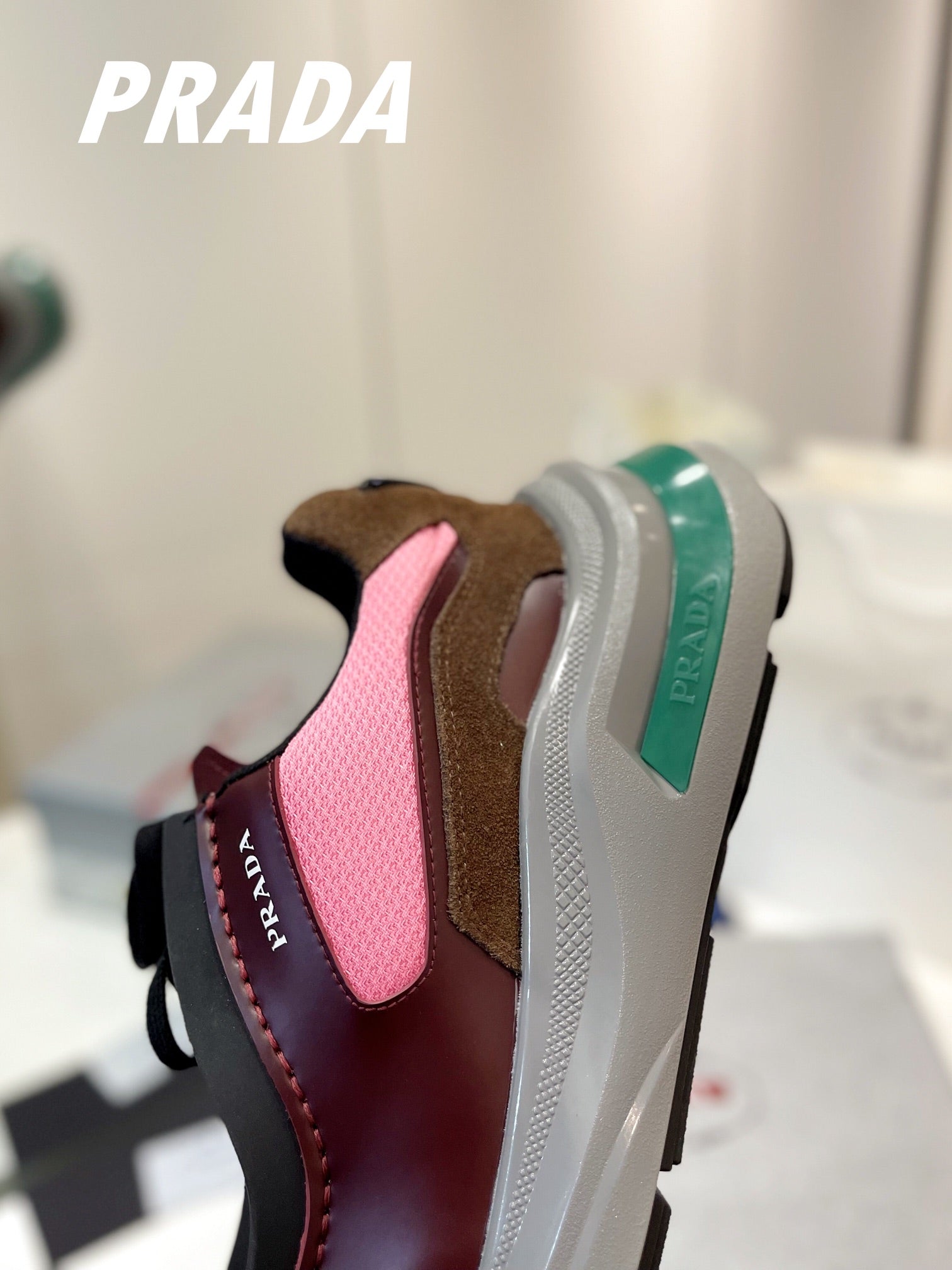 PRADA SYSTEME BRUSHED SNEAKERS WINE AND PINK CALFSKIN
