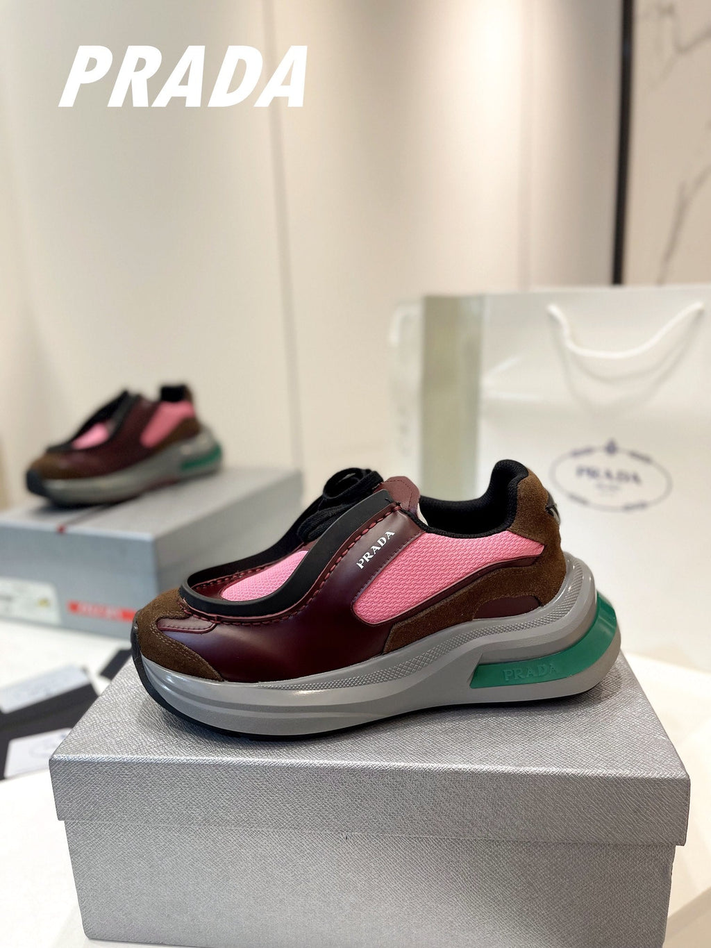 PRADA SYSTEME BRUSHED SNEAKERS WINE AND PINK CALFSKIN