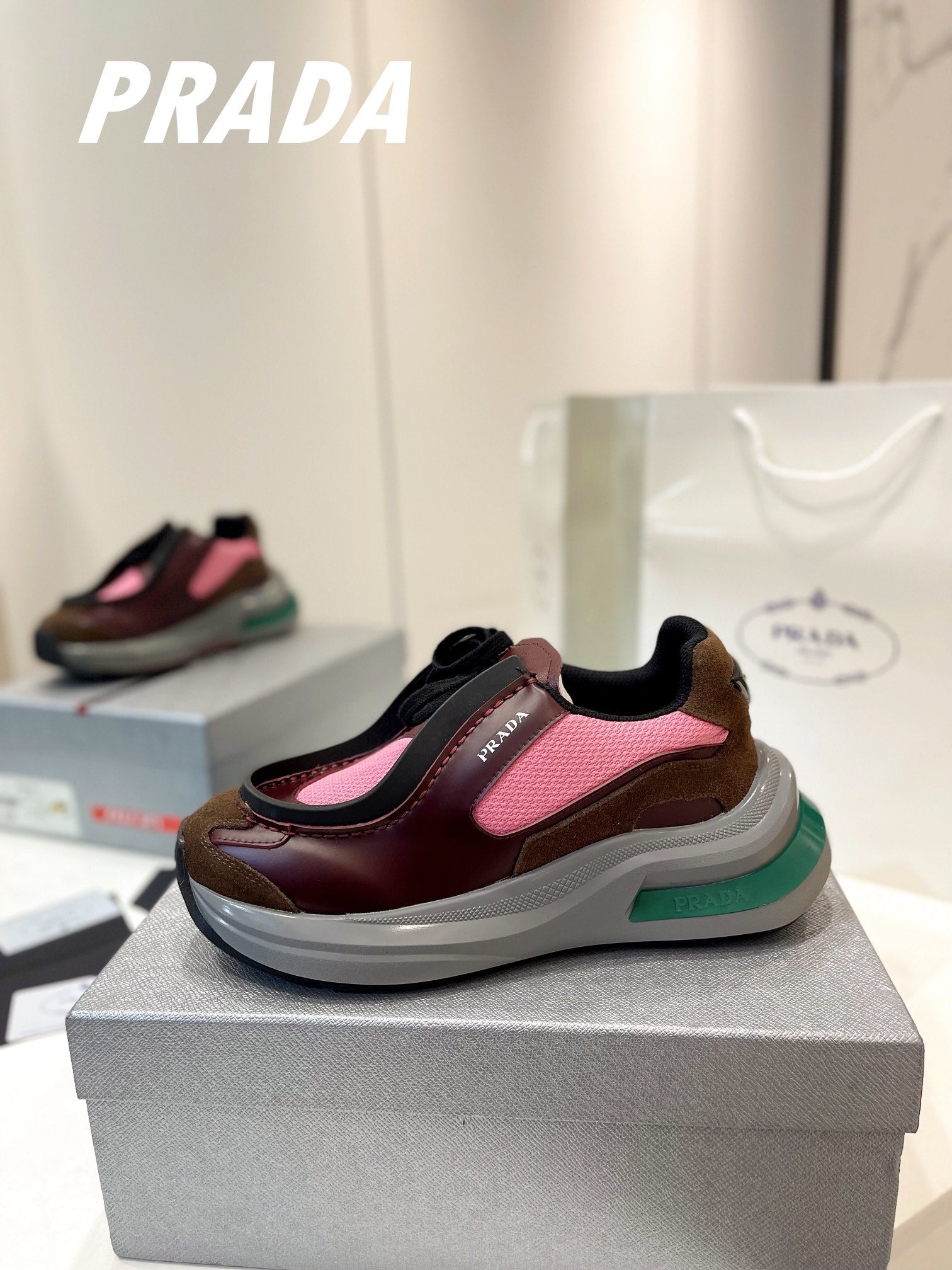PRADA SYSTEME BRUSHED SNEAKERS WINE AND PINK CALFSKIN