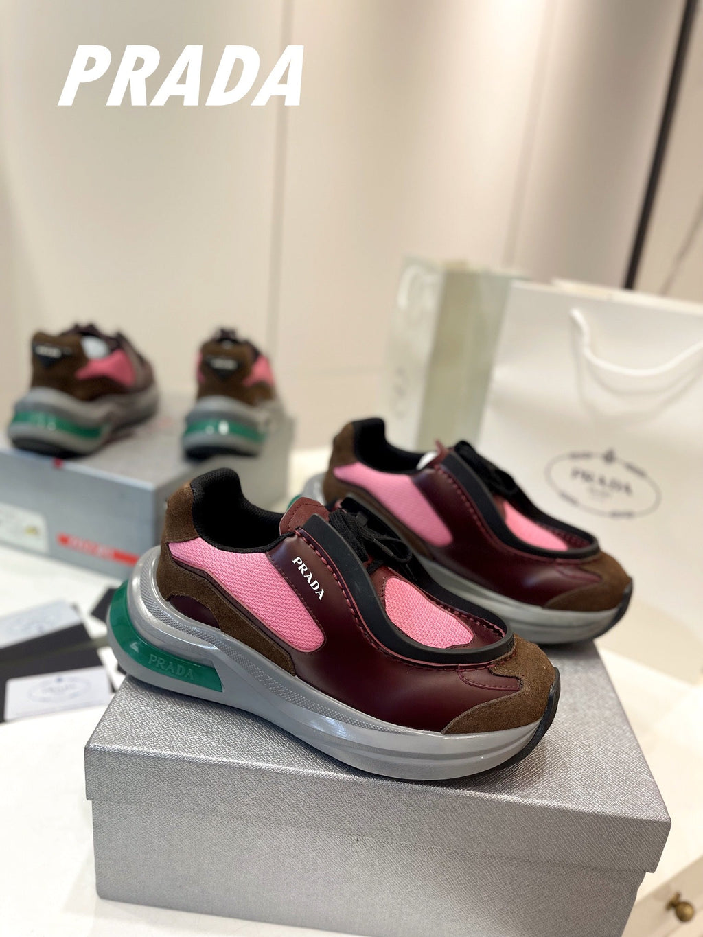 PRADA SYSTEME BRUSHED SNEAKERS WINE AND PINK CALFSKIN