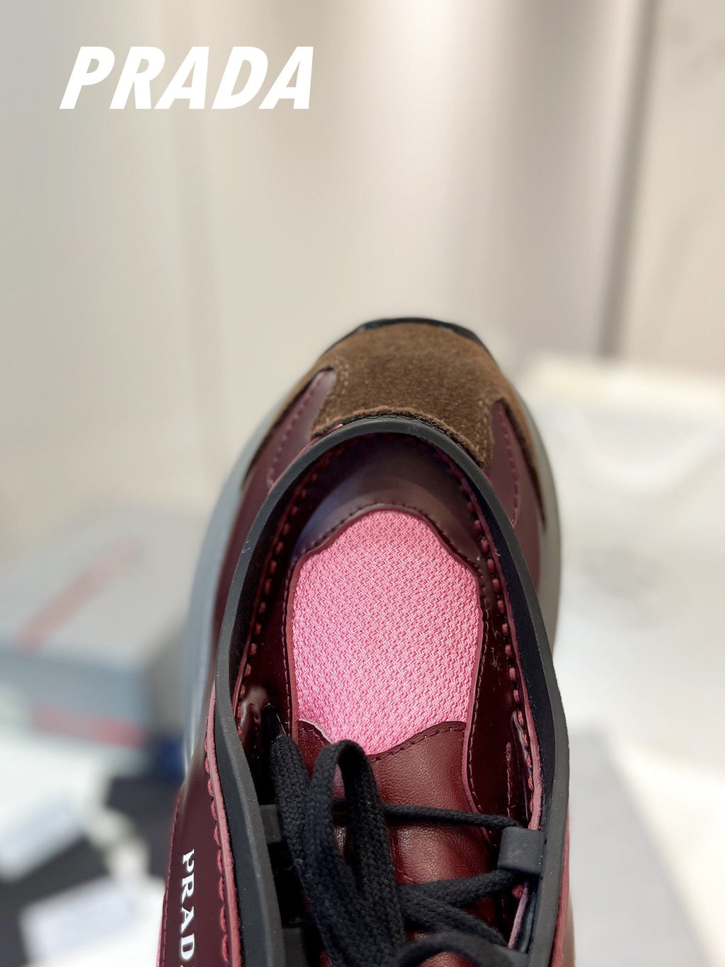 PRADA SYSTEME BRUSHED SNEAKERS WINE AND PINK CALFSKIN