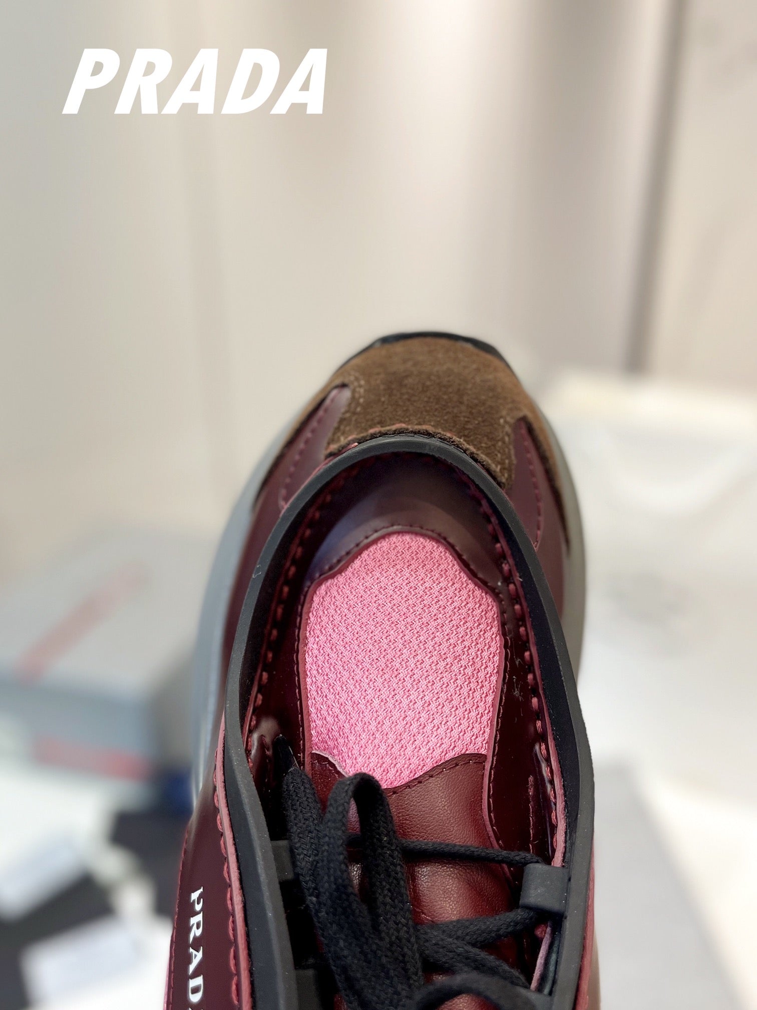 PRADA SYSTEME BRUSHED SNEAKERS WINE AND PINK CALFSKIN
