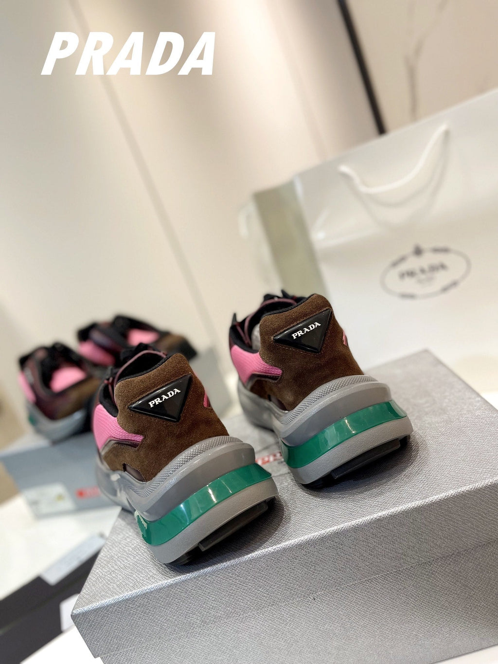 PRADA SYSTEME BRUSHED SNEAKERS WINE AND PINK CALFSKIN