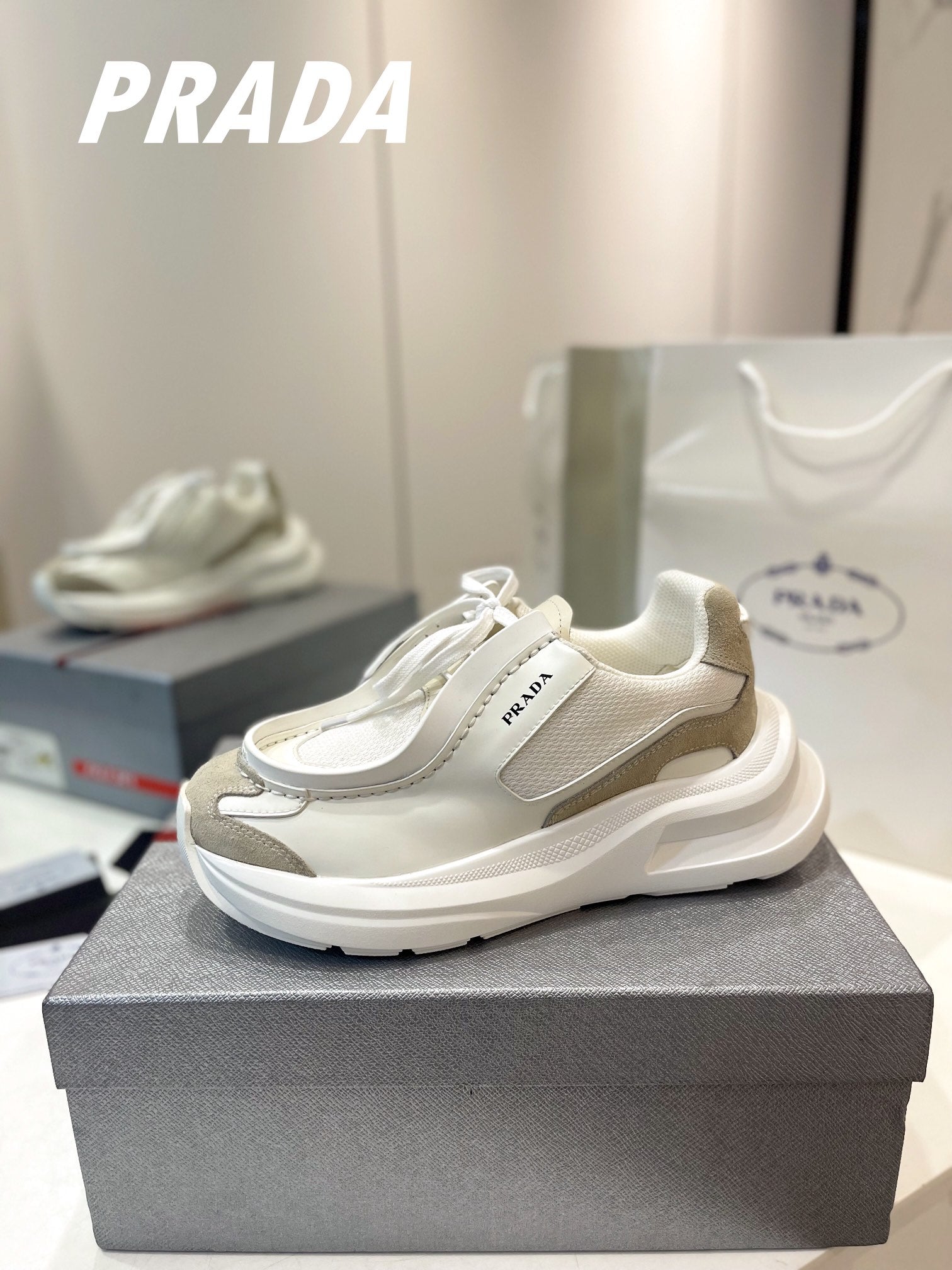 PRADA SYSTEME BRUSHED SNEAKERS WHITE CALFSKIN