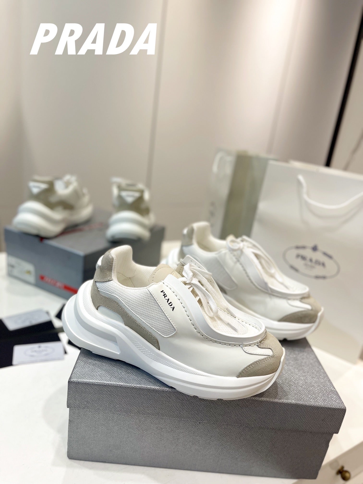PRADA SYSTEME BRUSHED SNEAKERS WHITE CALFSKIN