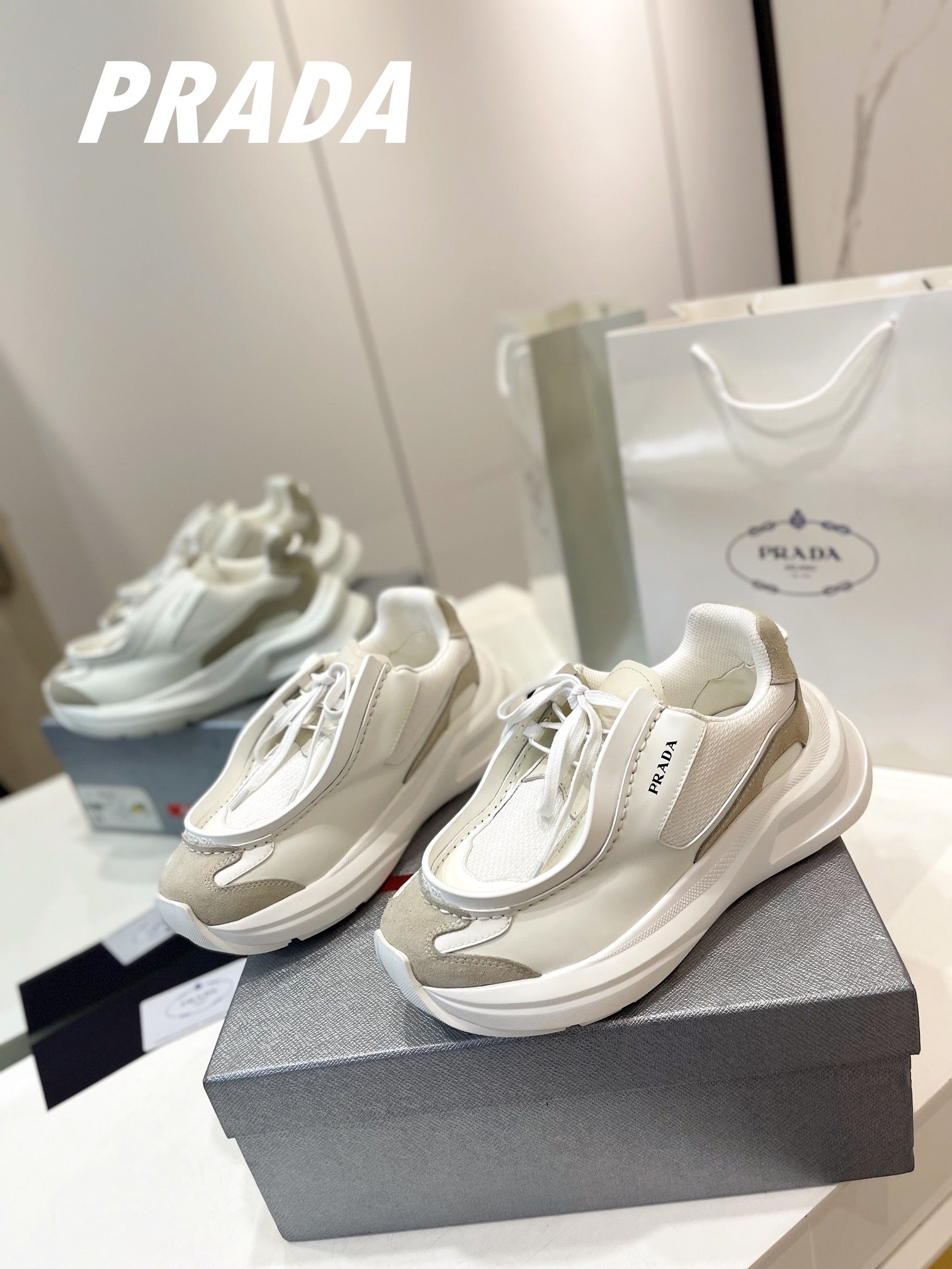 PRADA SYSTEME BRUSHED SNEAKERS WHITE CALFSKIN