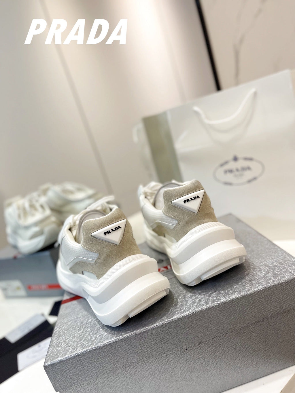 PRADA SYSTEME BRUSHED SNEAKERS WHITE CALFSKIN