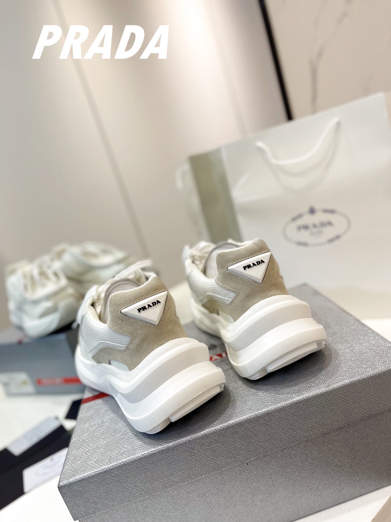 PRADA SYSTEME BRUSHED SNEAKERS WHITE CALFSKIN