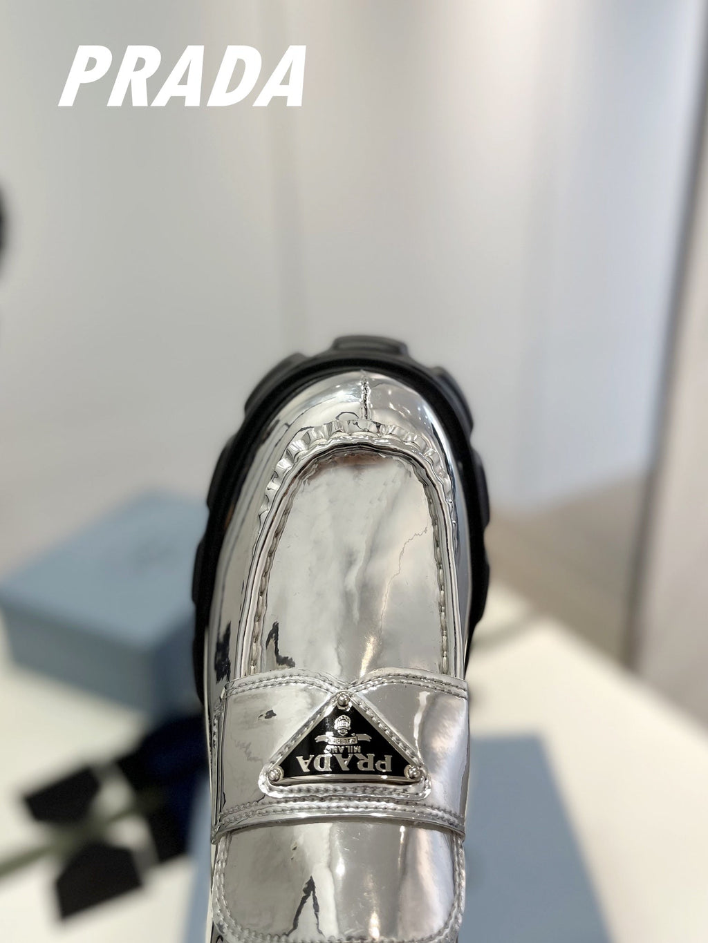 PRADA BRUSHED LEATHER MONOLITH LOAFERS SILVER