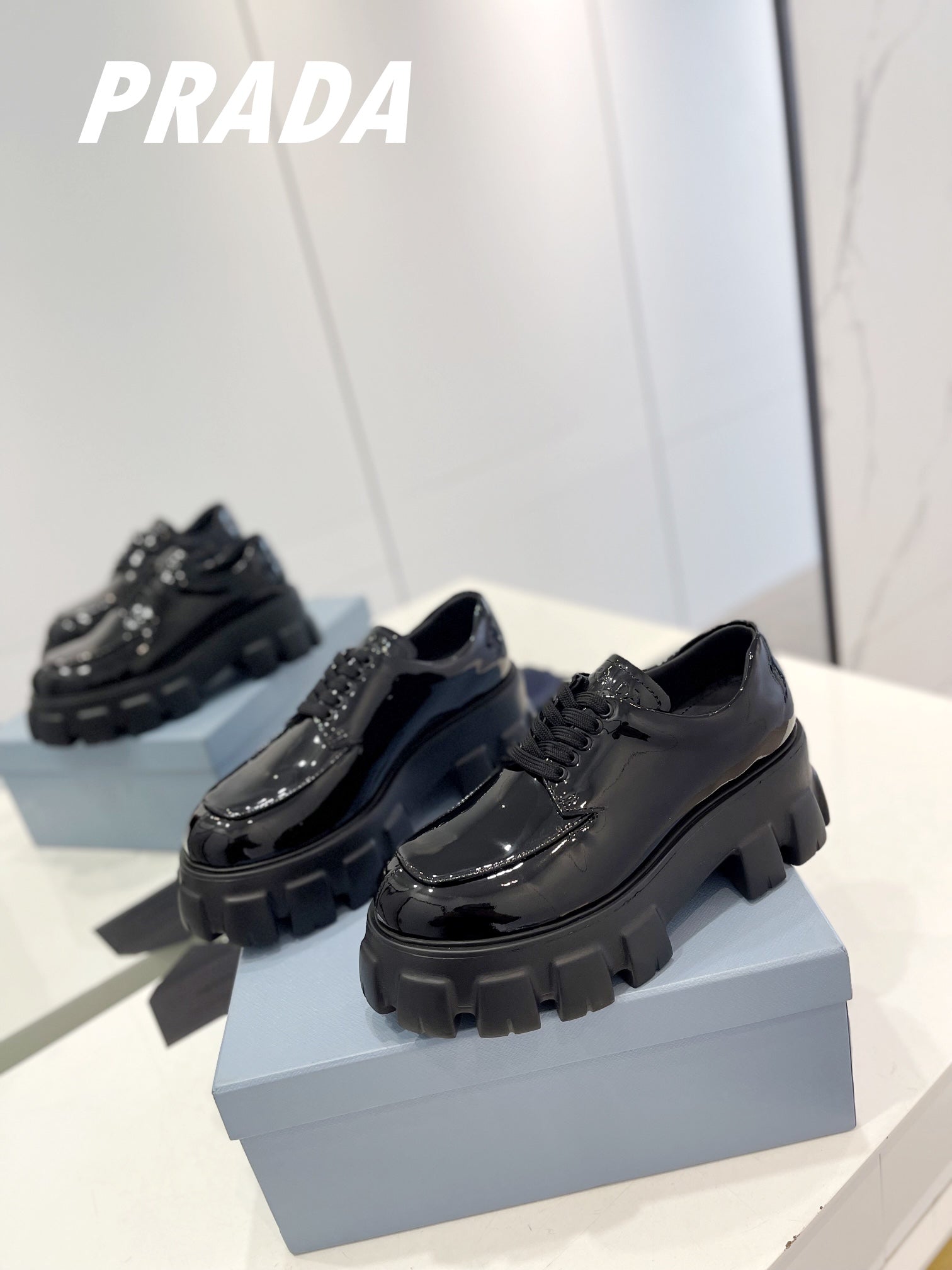 PRADA BRUSHED LEATHER MONOLITH LACE-UP LOAFERS GLOSSY BLACK