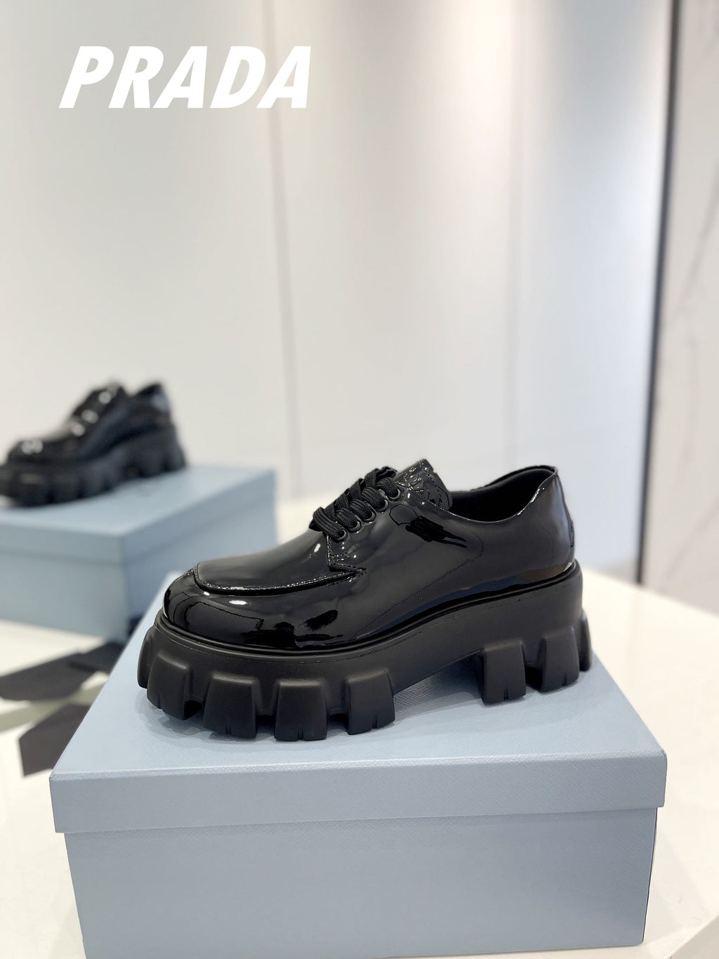 PRADA BRUSHED LEATHER MONOLITH LACE-UP LOAFERS GLOSSY BLACK