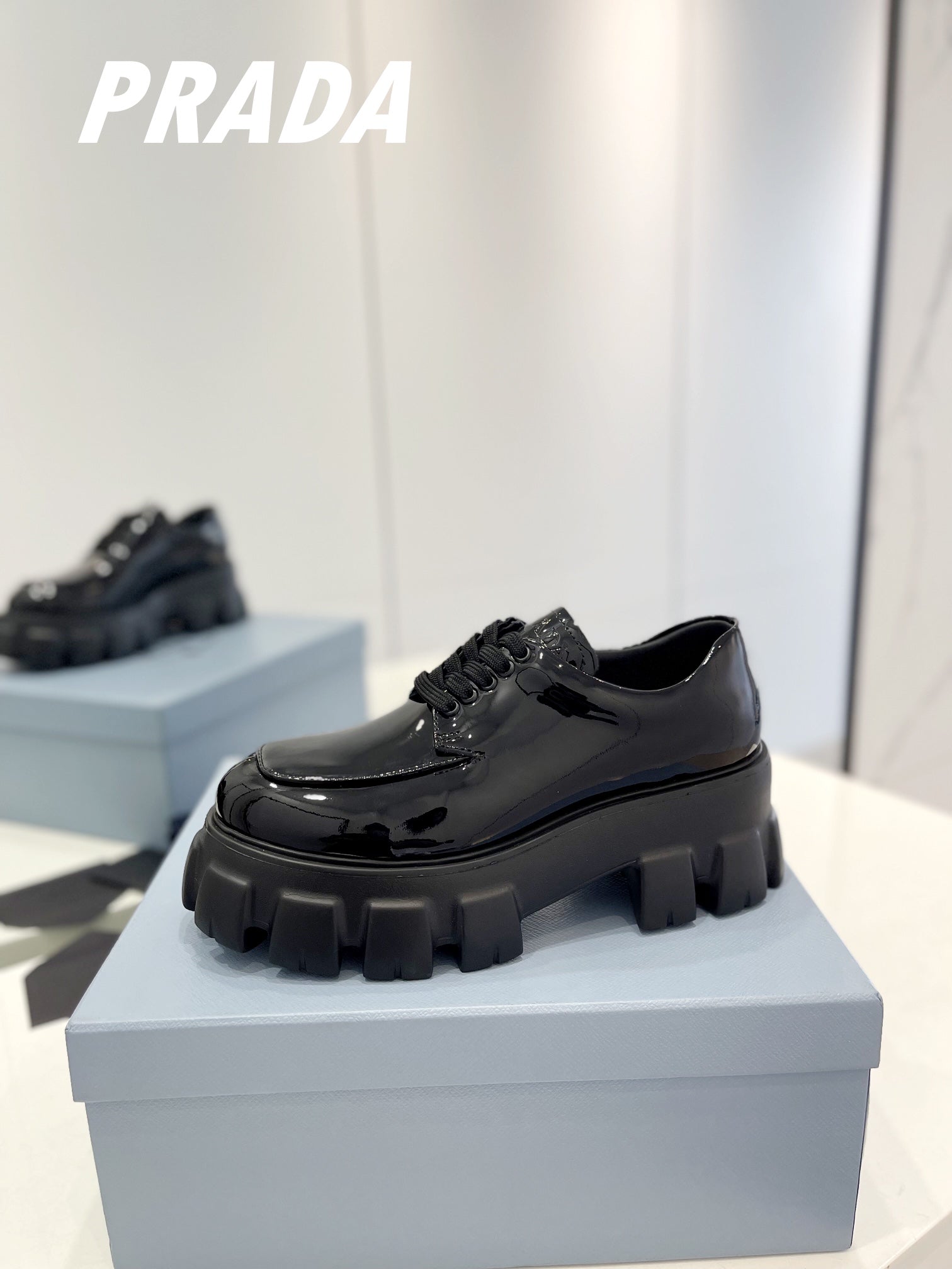 PRADA BRUSHED LEATHER MONOLITH LACE-UP LOAFERS GLOSSY BLACK