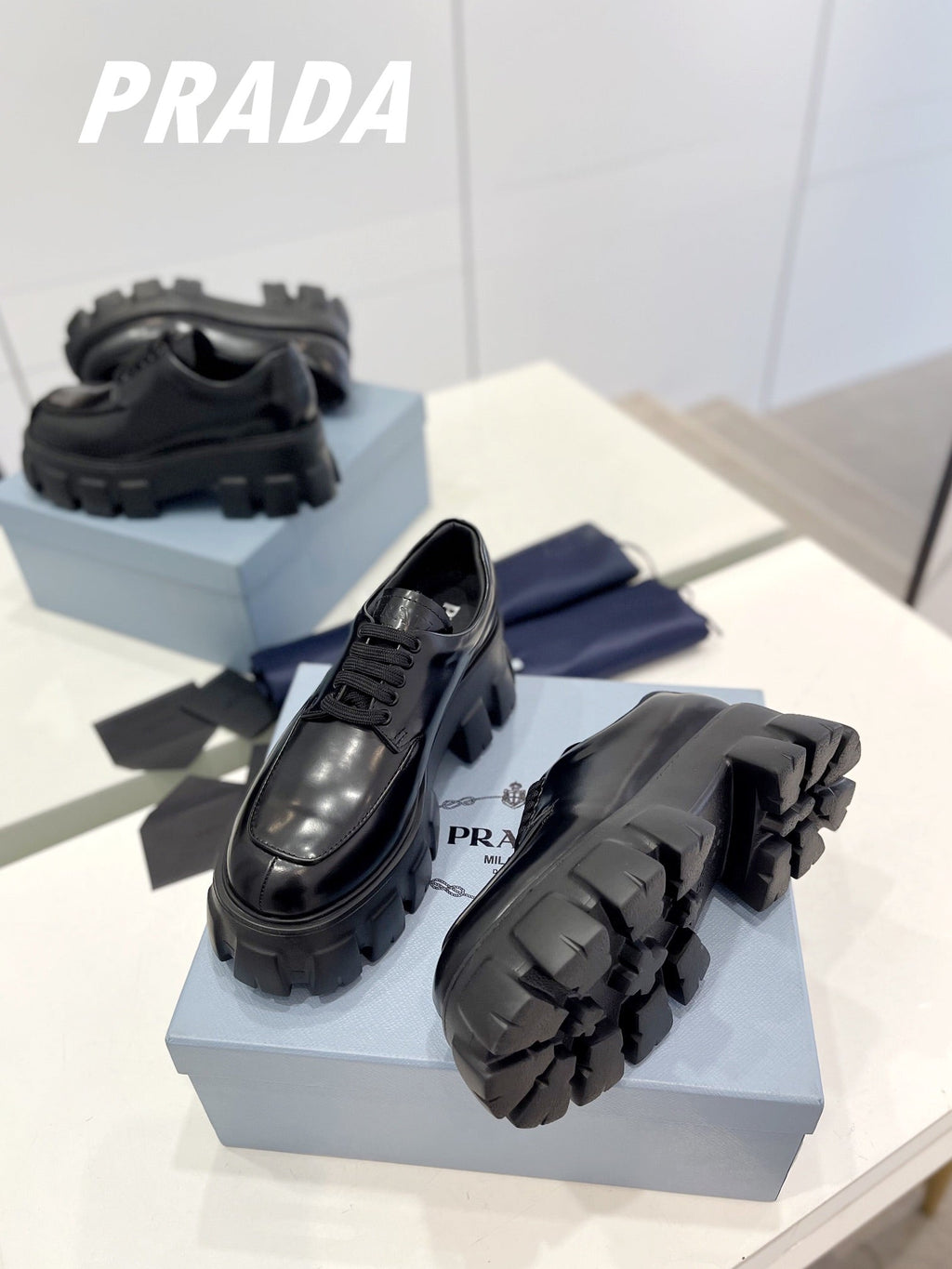 PRADA BRUSHED LEATHER MONOLITH LACE-UP LOAFERS BLACK