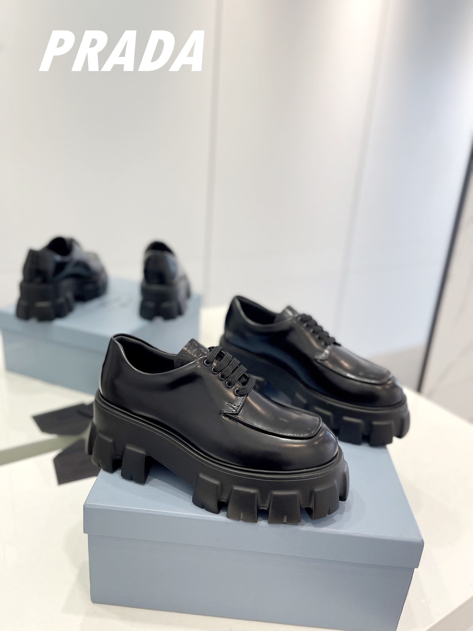 PRADA BRUSHED LEATHER MONOLITH LACE-UP LOAFERS BLACK