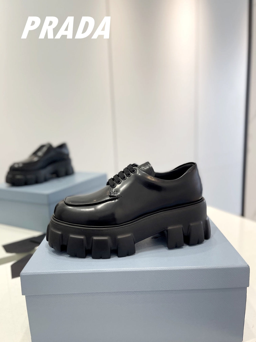 PRADA BRUSHED LEATHER MONOLITH LACE-UP LOAFERS BLACK