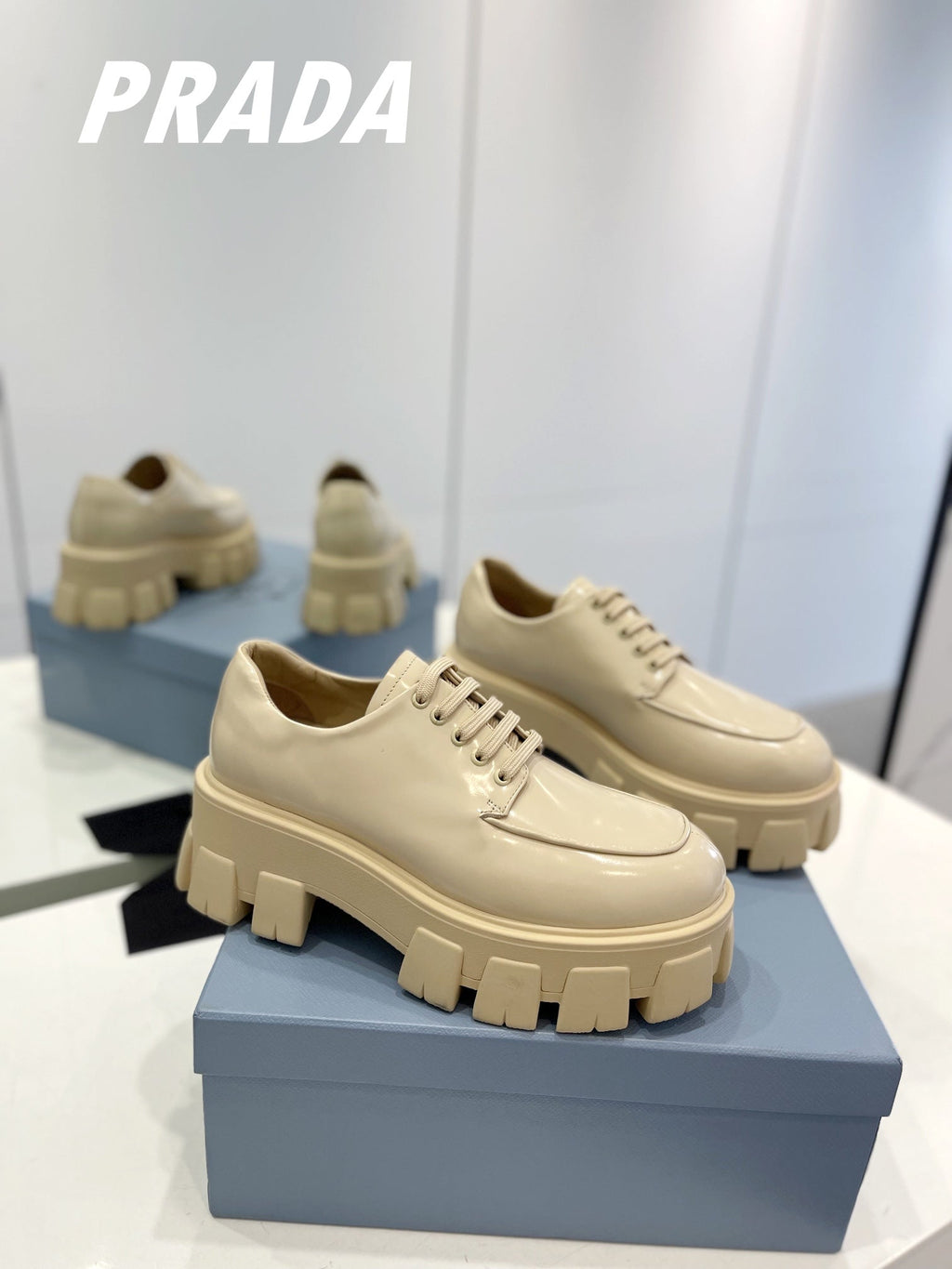 PRADA BRUSHED LEATHER MONOLITH LACE-UP LOAFERS BEIGE