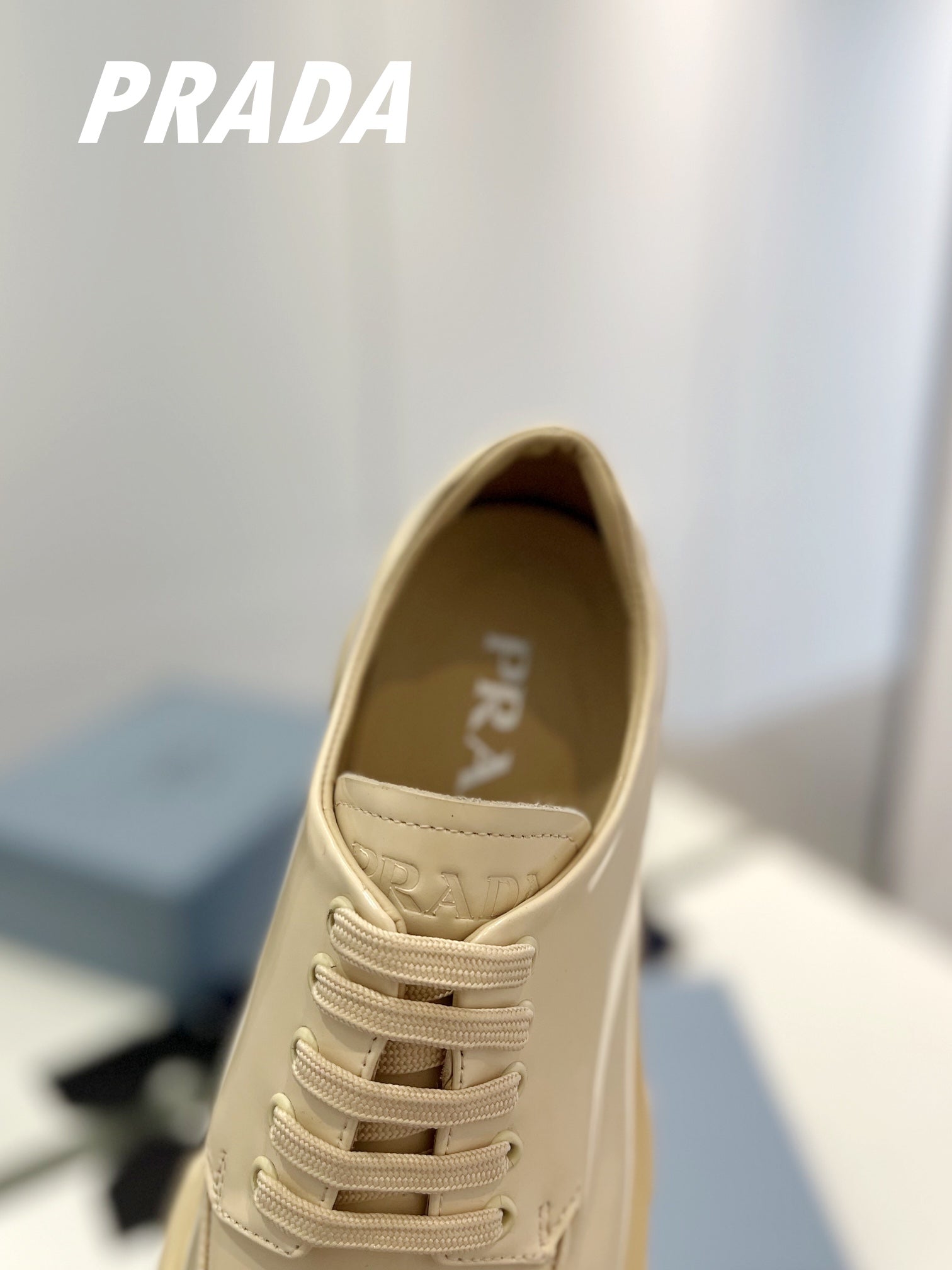 PRADA BRUSHED LEATHER MONOLITH LACE-UP LOAFERS BEIGE
