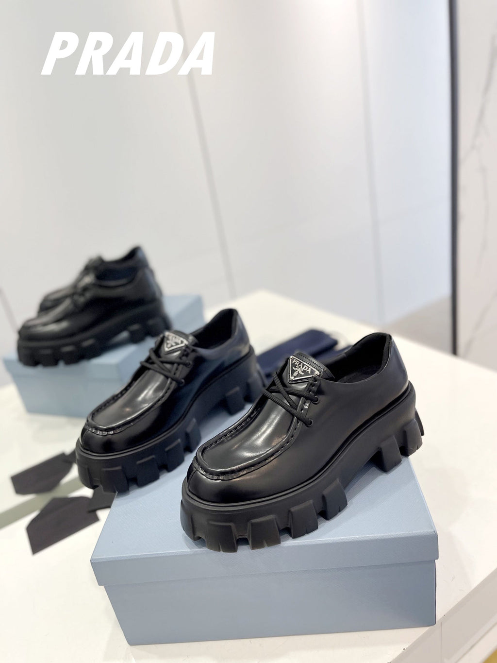 PRADA MONOLITH LACE-UP LOAFERS BLACK CALFSKIN