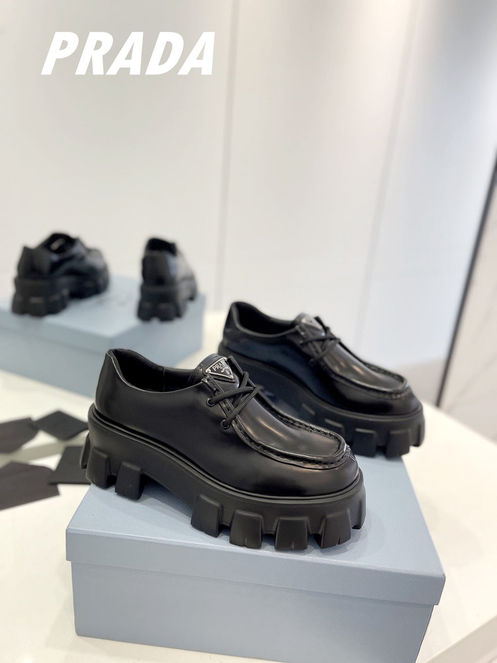 PRADA MONOLITH LACE-UP LOAFERS BLACK CALFSKIN