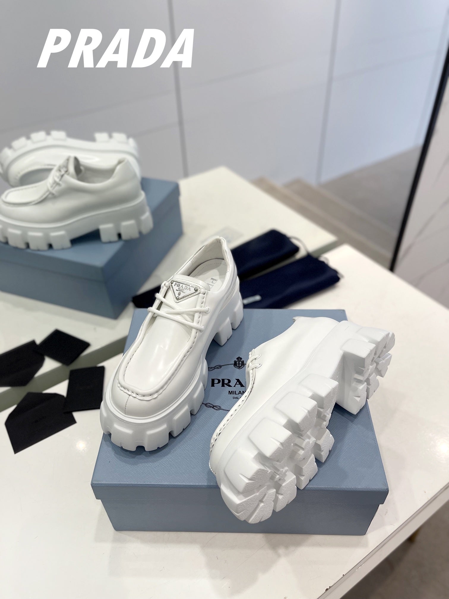 PRADA MONOLITH LACE-UP LOAFERS WHITE CALFSKIN