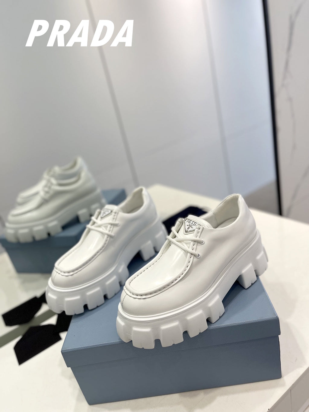 PRADA MONOLITH LACE-UP LOAFERS WHITE CALFSKIN