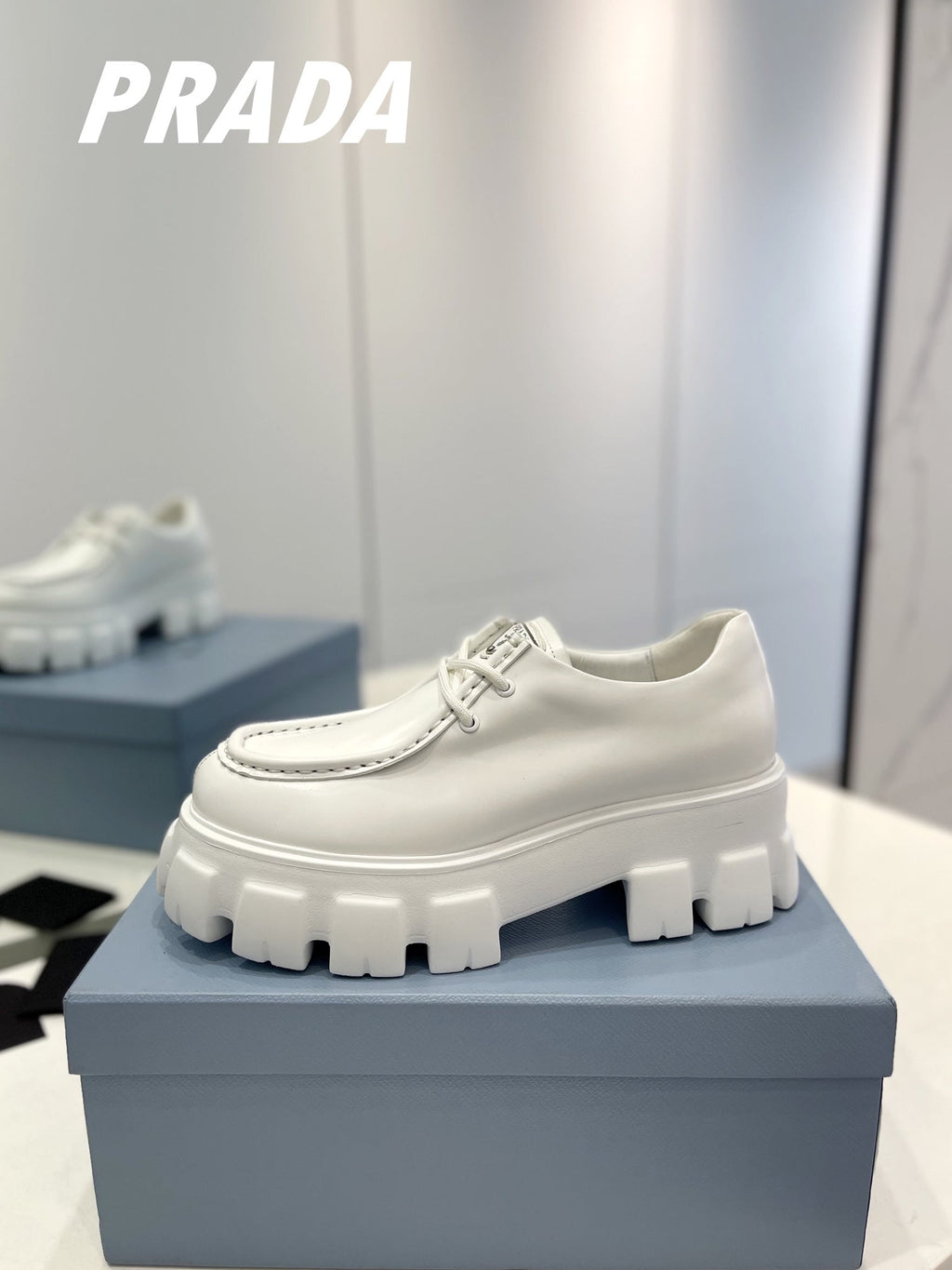 PRADA MONOLITH LACE-UP LOAFERS WHITE CALFSKIN