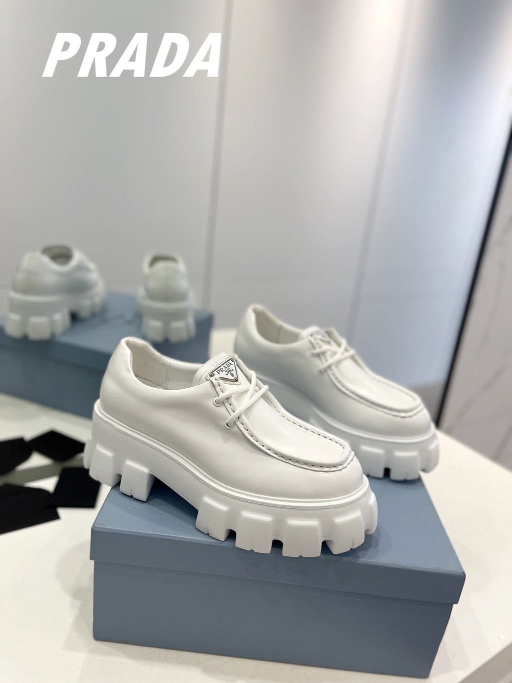 PRADA MONOLITH LACE-UP LOAFERS WHITE CALFSKIN