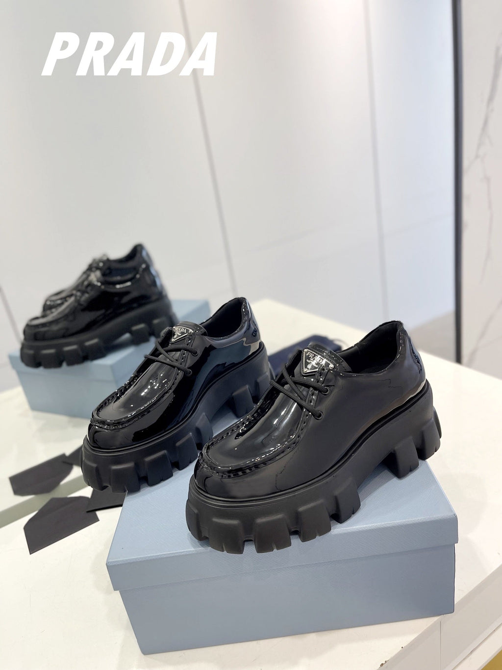 PRADA MONOLITH LACE-UP LOAFERS GLOSSY BLACK CALFSKIN