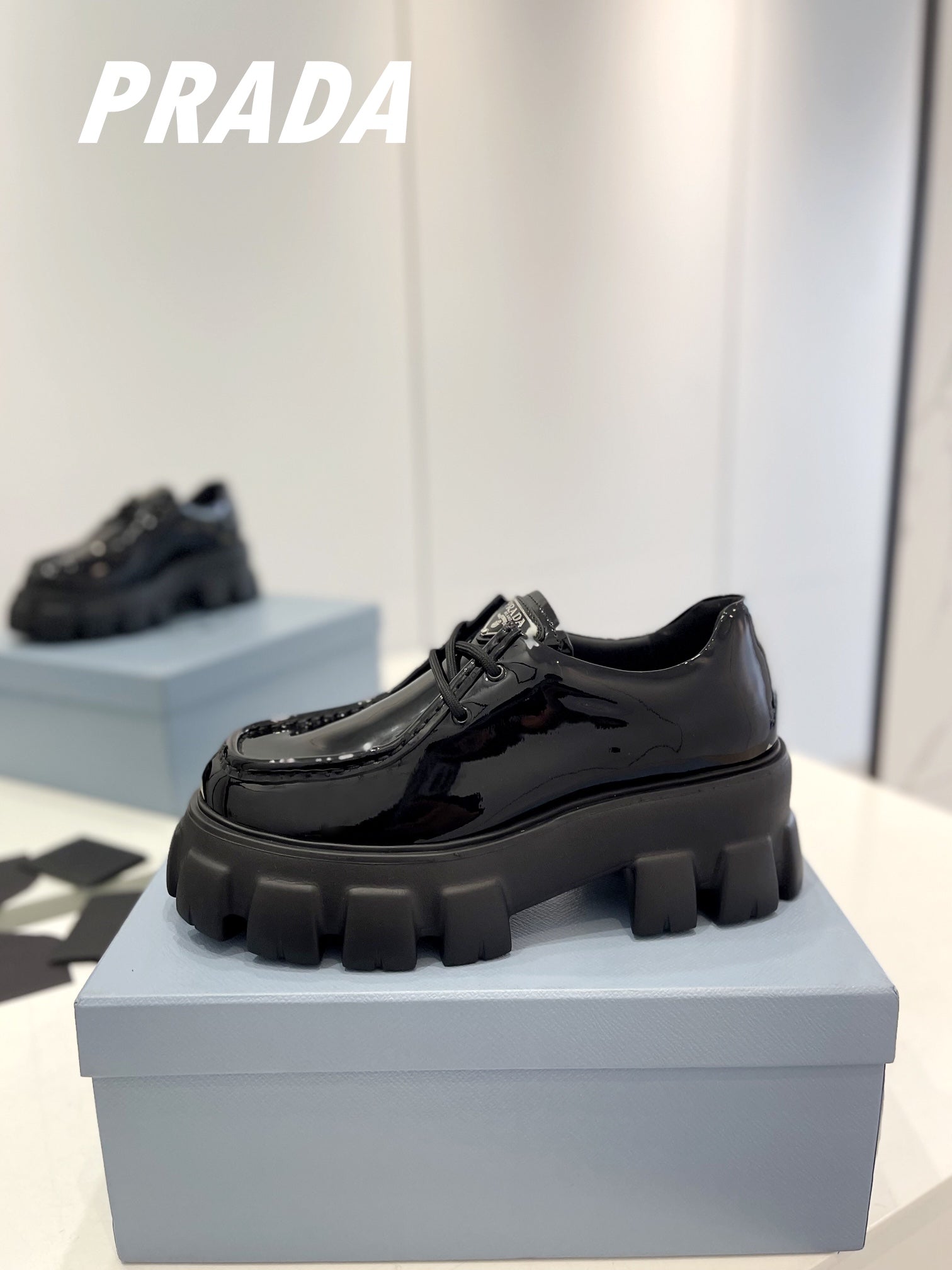 PRADA MONOLITH LACE-UP LOAFERS GLOSSY BLACK CALFSKIN