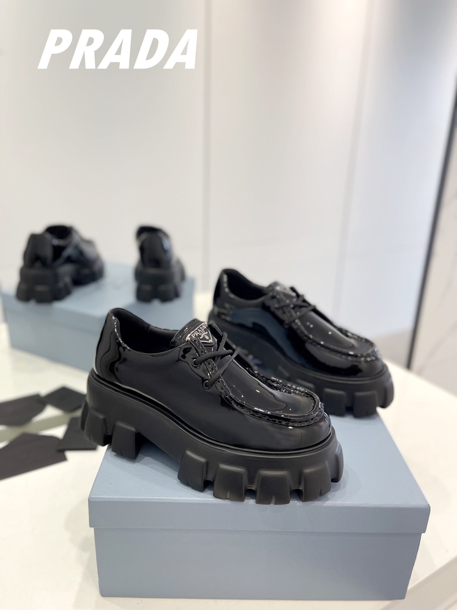 PRADA MONOLITH LACE-UP LOAFERS GLOSSY BLACK CALFSKIN