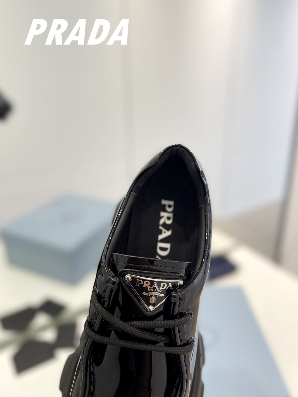 PRADA MONOLITH LACE-UP LOAFERS GLOSSY BLACK CALFSKIN