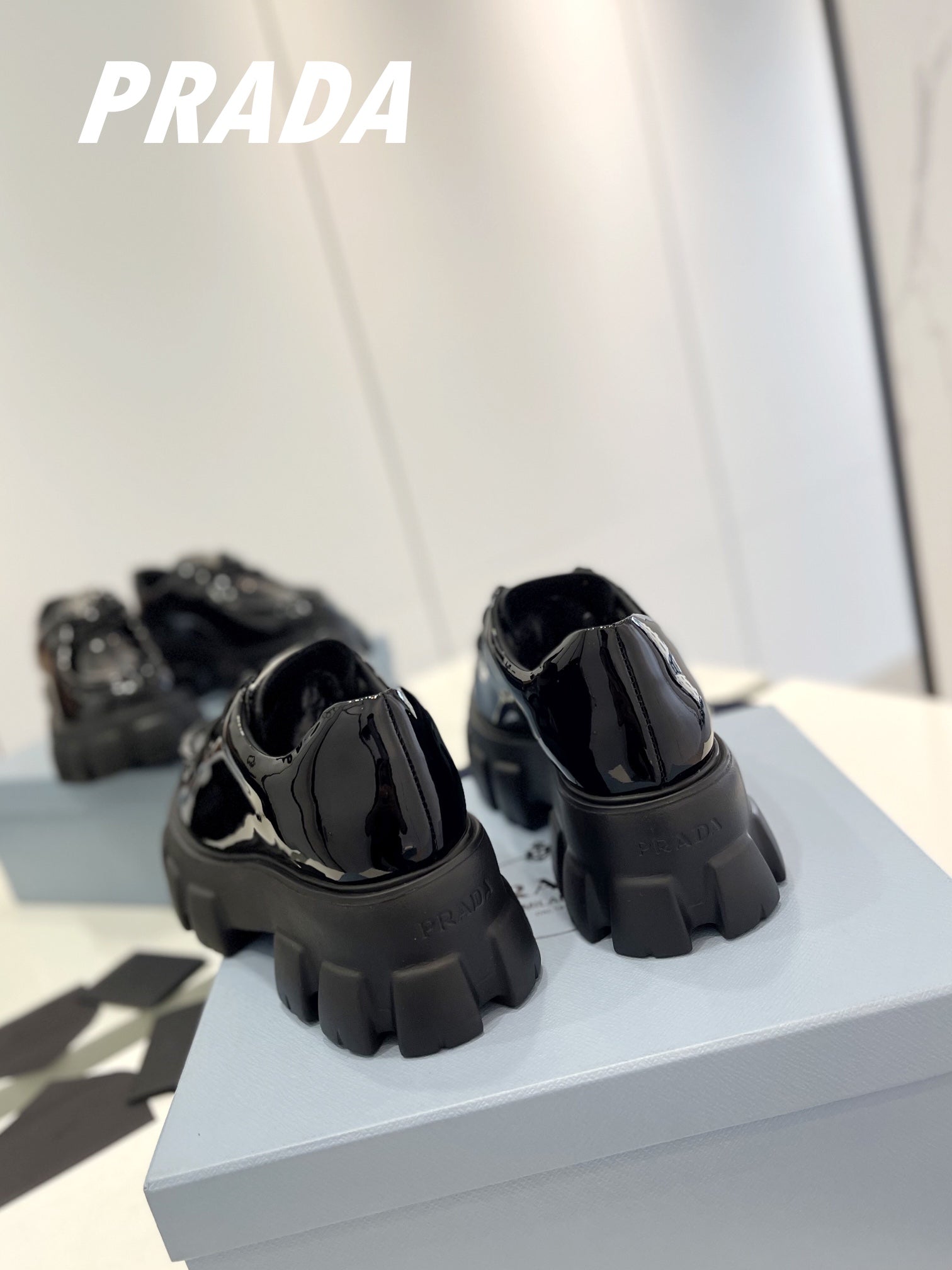 PRADA MONOLITH LACE-UP LOAFERS GLOSSY BLACK CALFSKIN