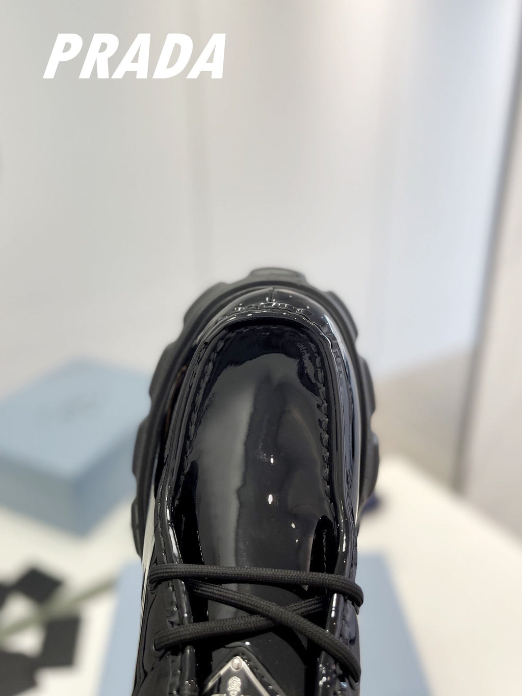PRADA MONOLITH LACE-UP LOAFERS GLOSSY BLACK CALFSKIN