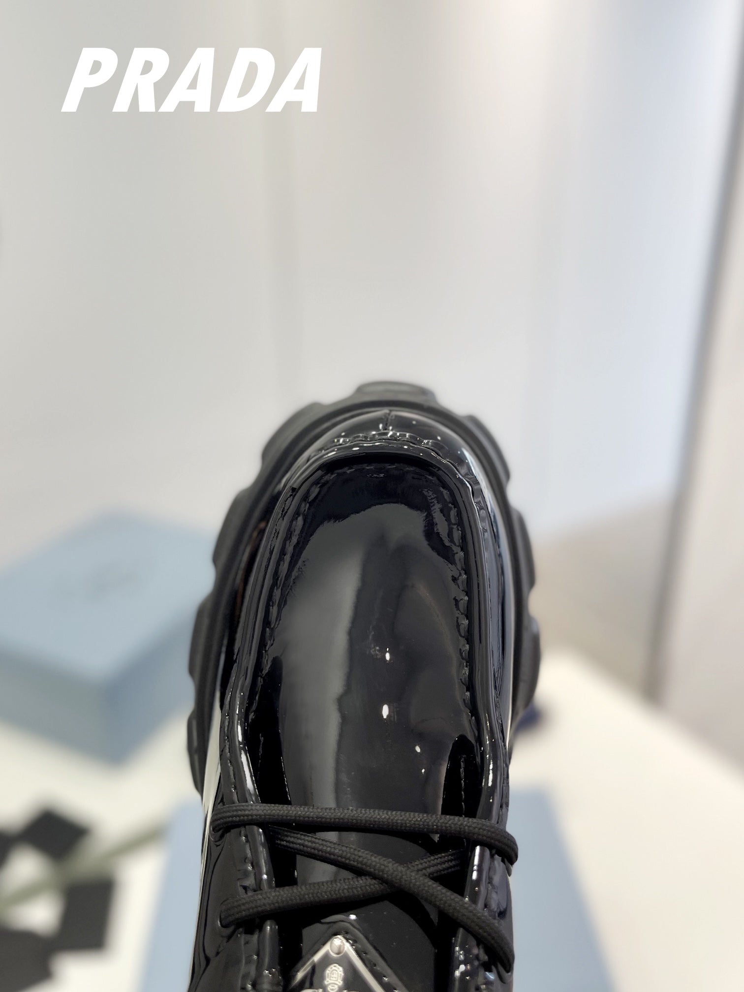 PRADA MONOLITH LACE-UP LOAFERS GLOSSY BLACK CALFSKIN