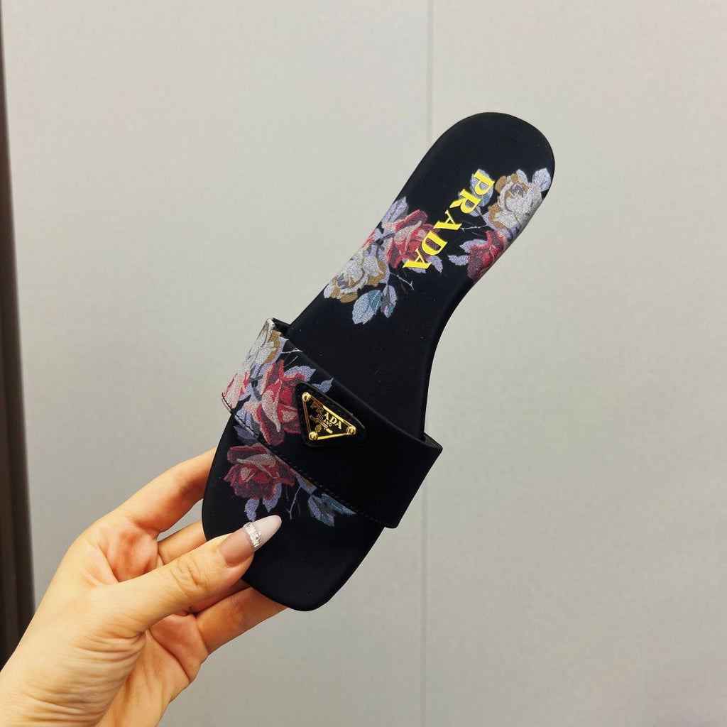 PRADA PRINTED SLIDES SLIPPERS BLACK SATIN
