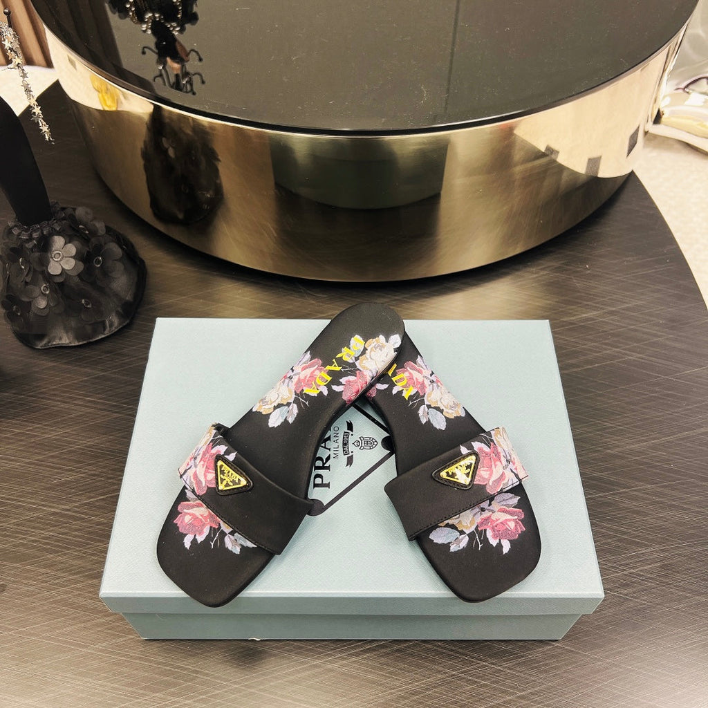 PRADA PRINTED SLIDES SLIPPERS BLACK SATIN