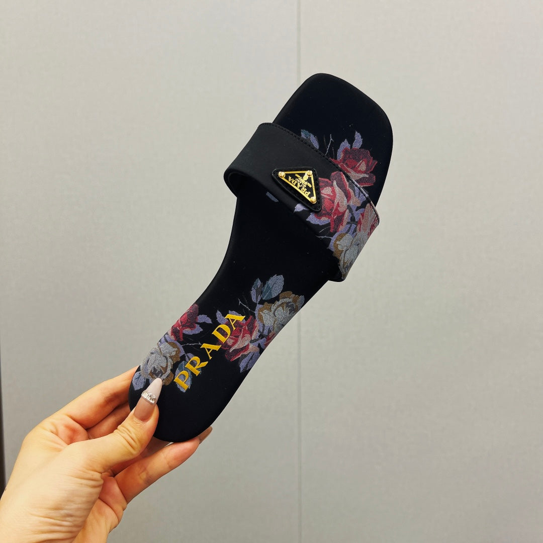 PRADA PRINTED SLIDES SLIPPERS BLACK SATIN