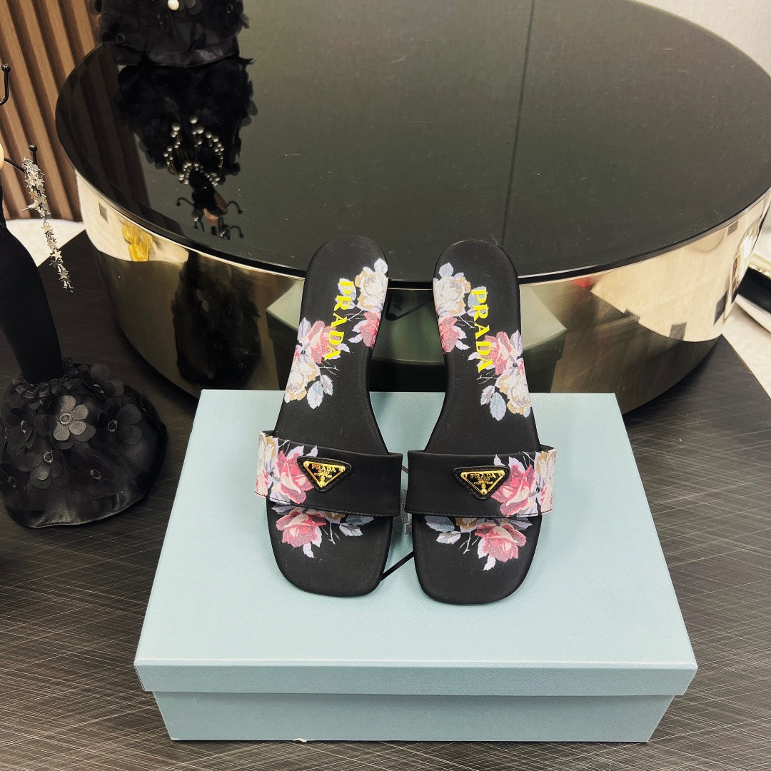 PRADA PRINTED SLIDES SLIPPERS BLACK SATIN