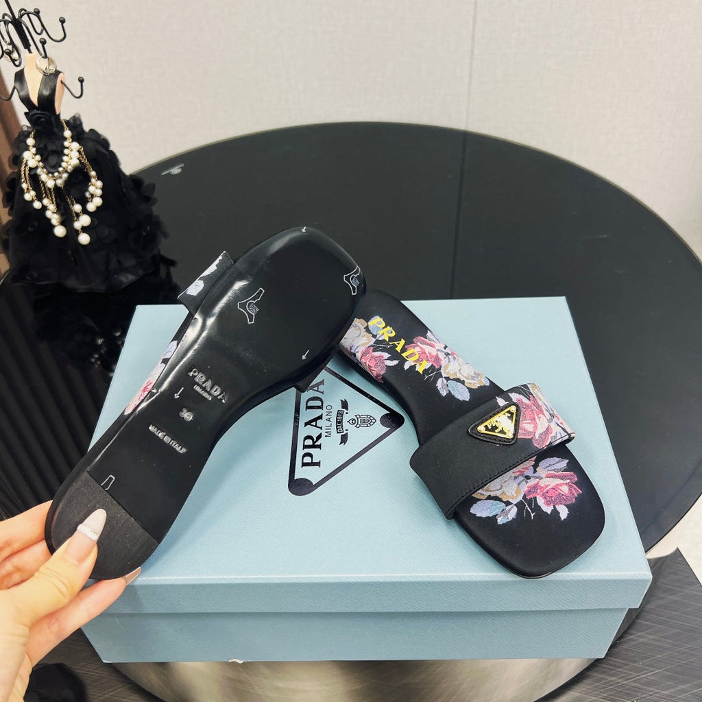 PRADA PRINTED SLIDES SLIPPERS BLACK SATIN