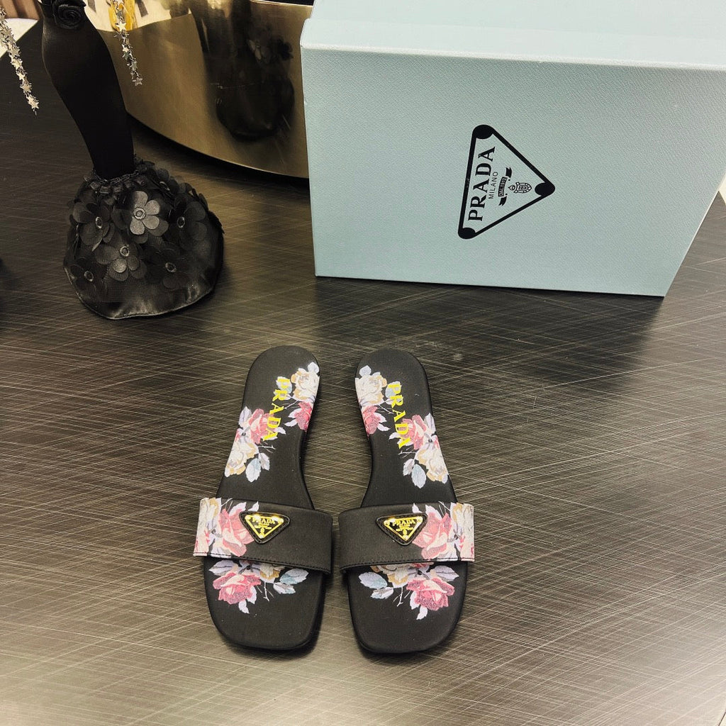 PRADA PRINTED SLIDES SLIPPERS BLACK SATIN